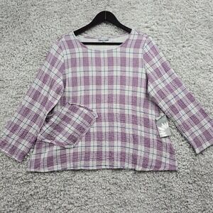 Habitat Top Womens Small Purple Mulberry Plaid‎ Pocket Pullover Long Sleeve